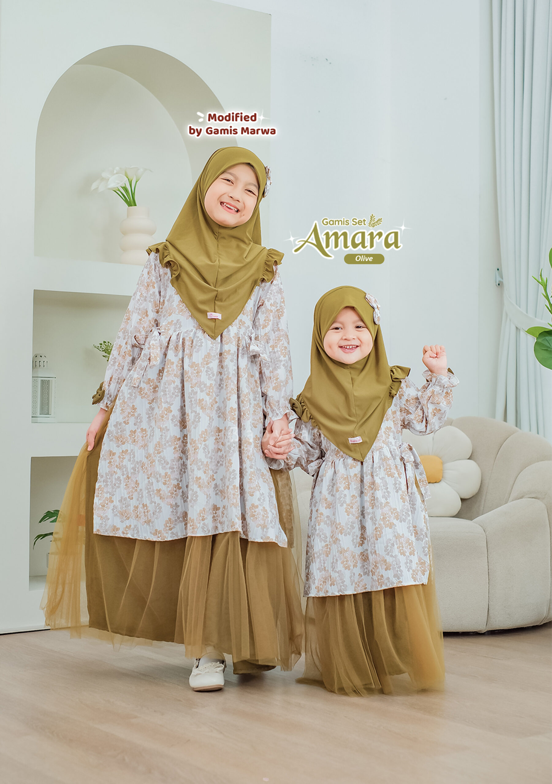 Gamis Amara Eid Series Babyjab warna Olive, gamis anak mewah motif daun dengan hijab premium jersey.